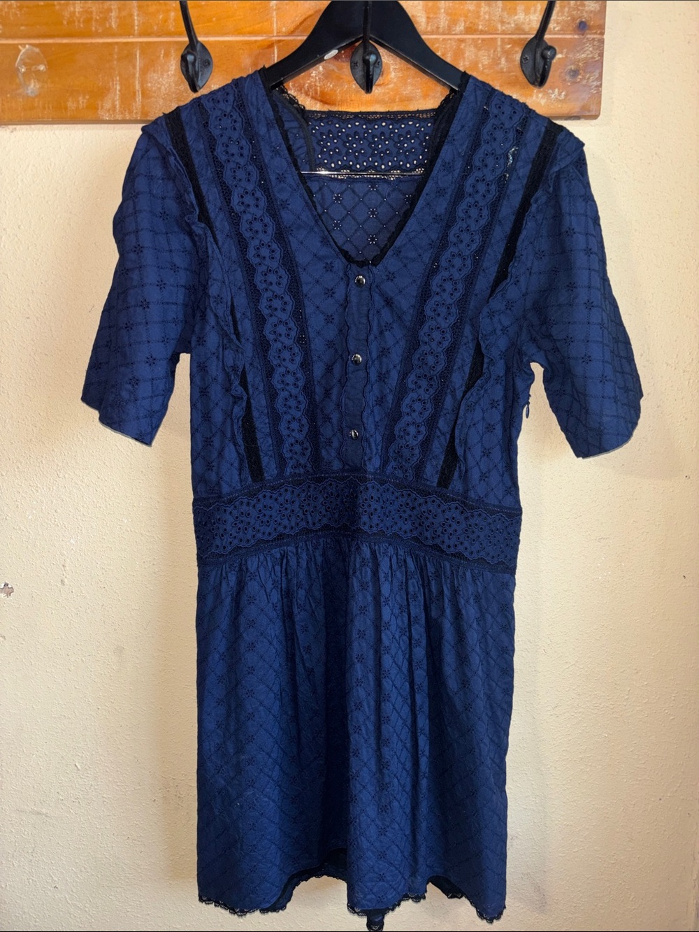 Coach Navy Eyelet Lace V-Neck Mini Dress